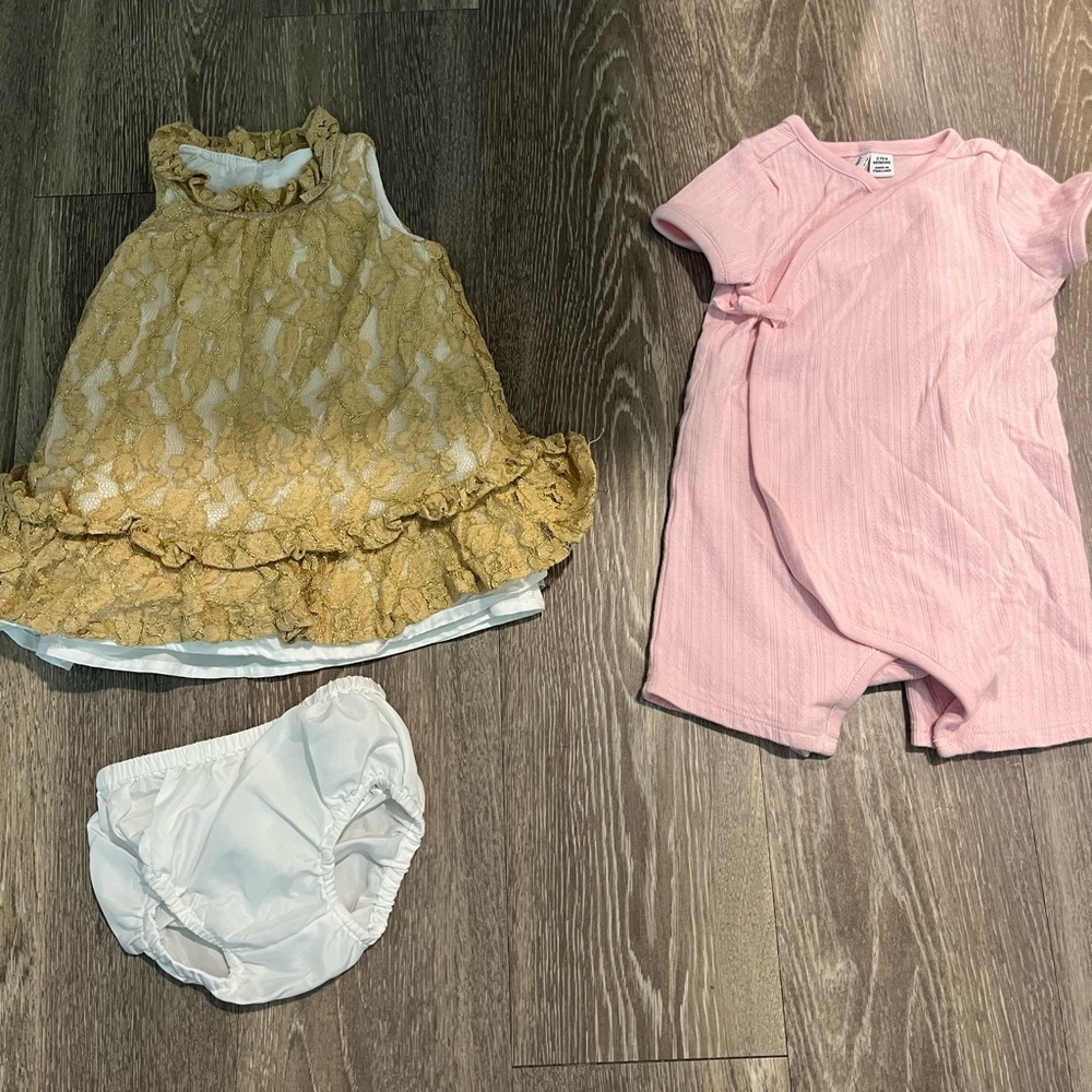 Gold lace Dress ans  Pink romper Set